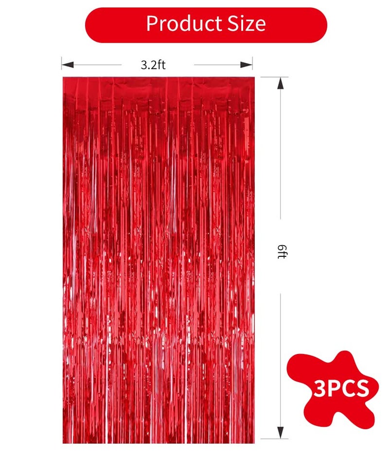 TONIFUL 3Pcs Red Metallic Tinsel Foil Fringe Curtains,3.28ft x 6.56ft Red Photo Booth Backdrop Streamer Curtain,Photo Booth Props,Ideal Bachelorette Party Supplies,Birthday, Christmas,New Year Decorations - Image 2